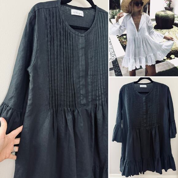 LJC 100% Linen Lagenlook Resortwear Minimalist Pleat Ruffle Black Shirt Dress M
